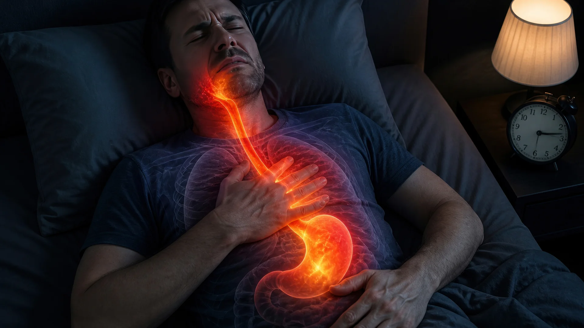 Hombre acostado experimentando ardor en el pecho y síntomas de reflujo ácido gastroesofágico